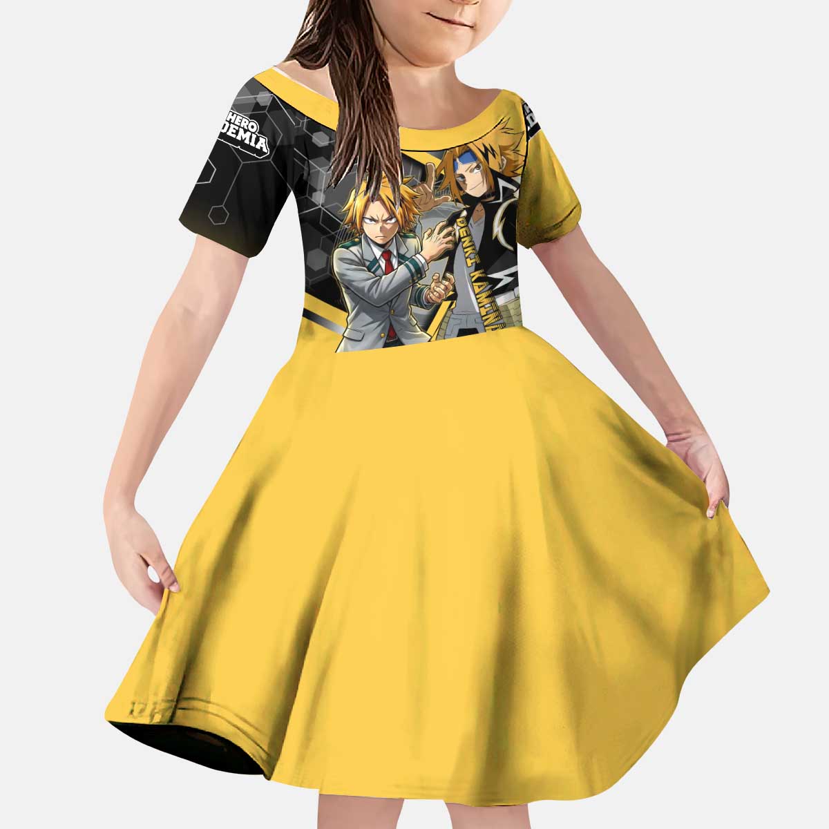 Denki Kaminari Kid Short Sleeve Dress Bold Anime Action Illustration with Electric Lightning Effects