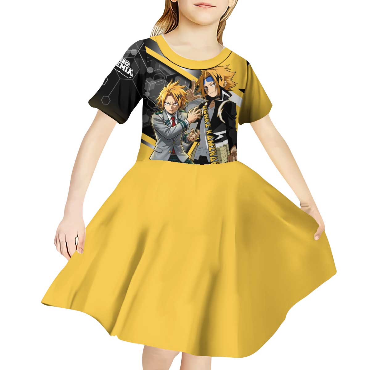 Denki Kaminari Kid Short Sleeve Dress Bold Anime Action Illustration with Electric Lightning Effects