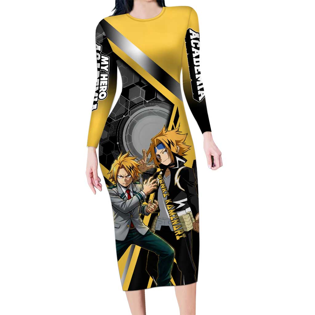 Denki Kaminari Long Sleeve Bodycon Dress Bold Anime Action Illustration with Electric Lightning Effects