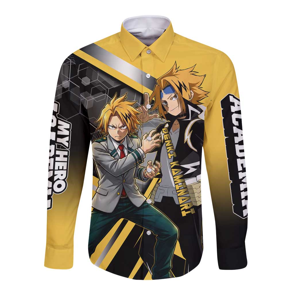 Denki Kaminari Long Sleeve Button Shirt Bold Anime Action Illustration with Electric Lightning Effects
