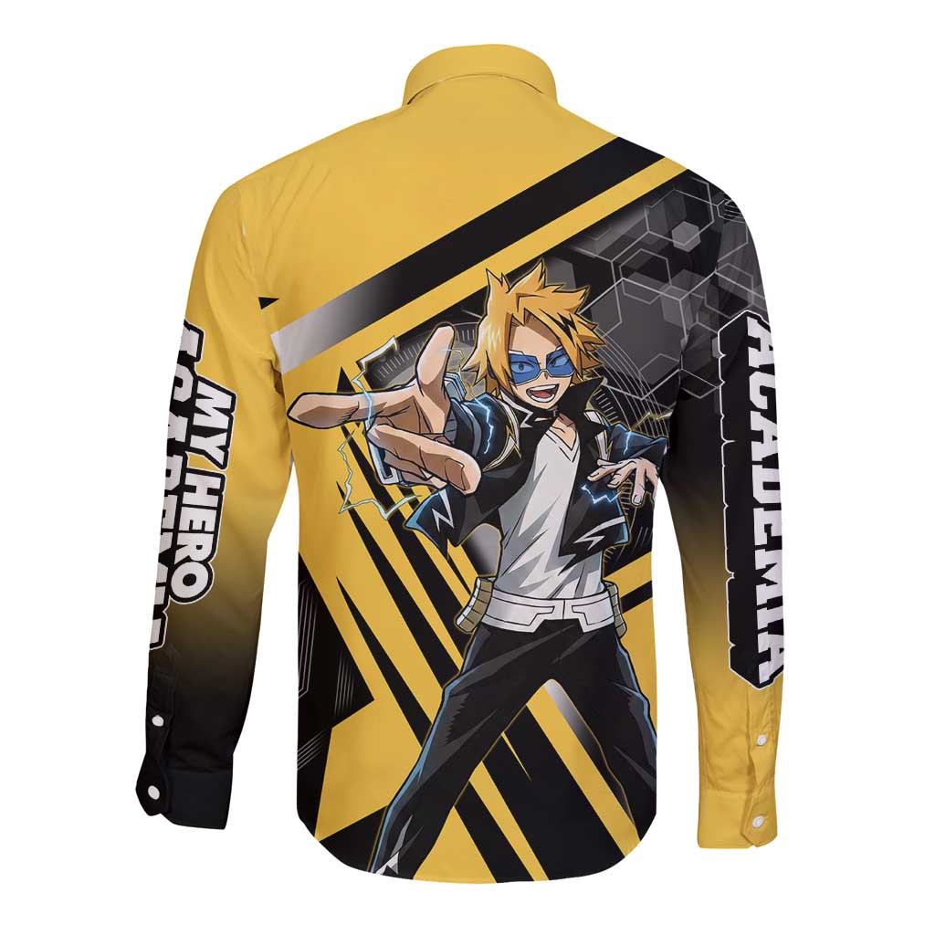 Denki Kaminari Long Sleeve Button Shirt Bold Anime Action Illustration with Electric Lightning Effects