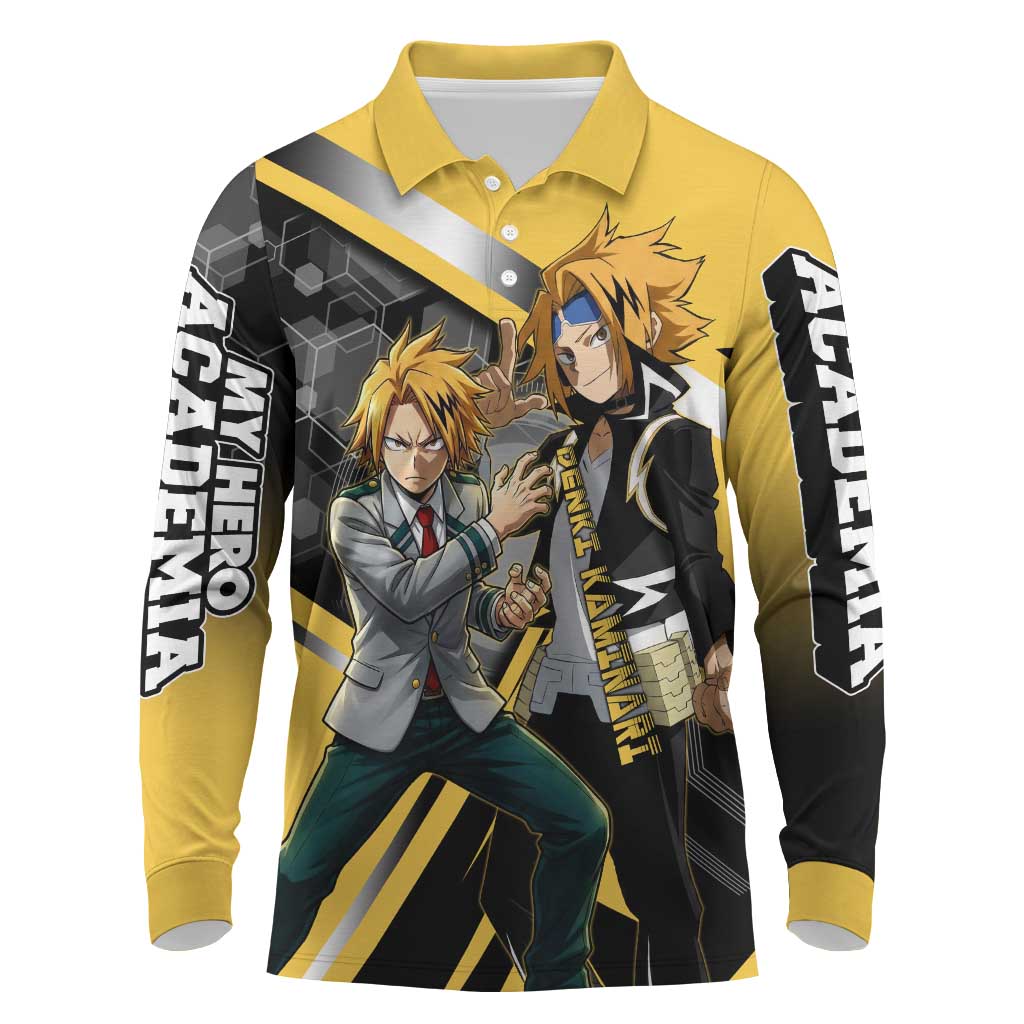 Denki Kaminari Long Sleeve Polo Shirt Bold Anime Action Illustration with Electric Lightning Effects