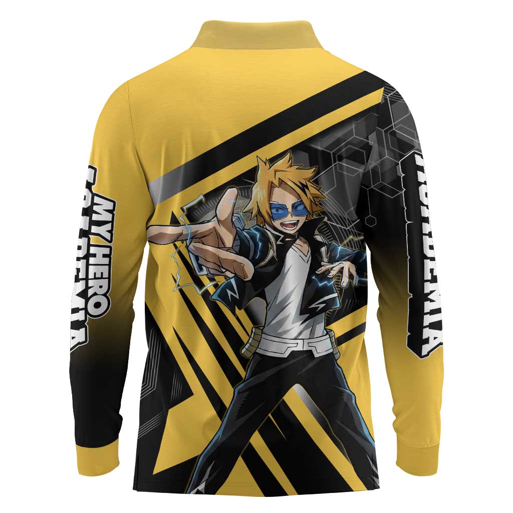 Denki Kaminari Long Sleeve Polo Shirt Bold Anime Action Illustration with Electric Lightning Effects
