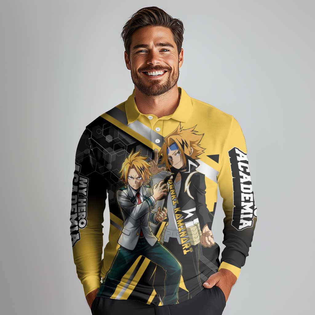 Denki Kaminari Long Sleeve Polo Shirt Bold Anime Action Illustration with Electric Lightning Effects
