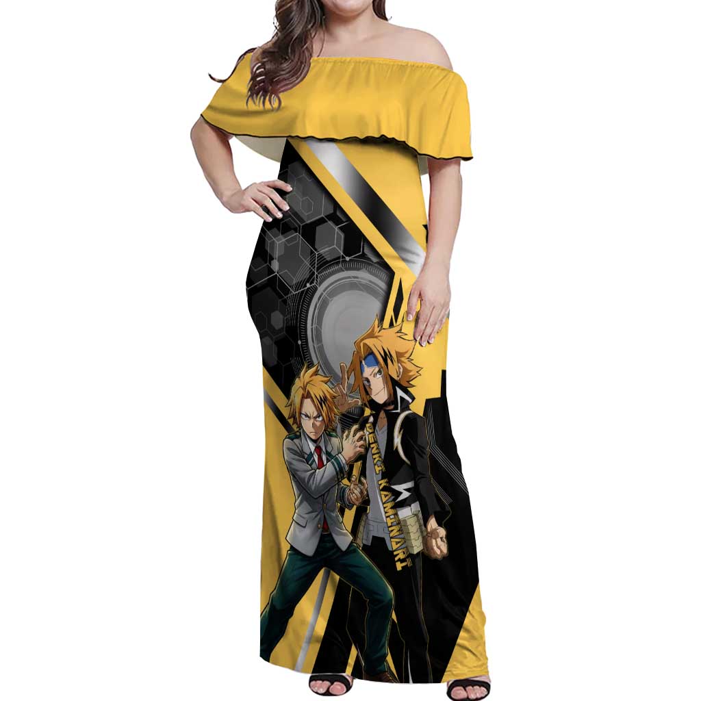 Denki Kaminari Off Shoulder Maxi Dress Bold Anime Action Illustration with Electric Lightning Effects
