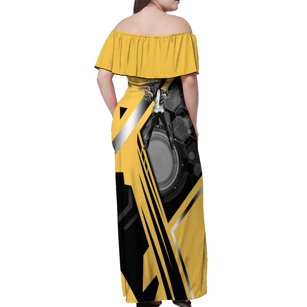 Denki Kaminari Off Shoulder Maxi Dress Bold Anime Action Illustration with Electric Lightning Effects