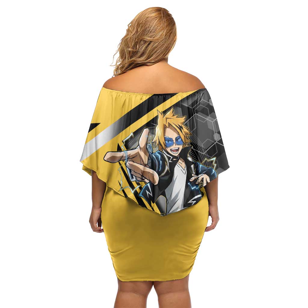 Denki Kaminari Off Shoulder Short Dress Bold Anime Action Illustration with Electric Lightning Effects