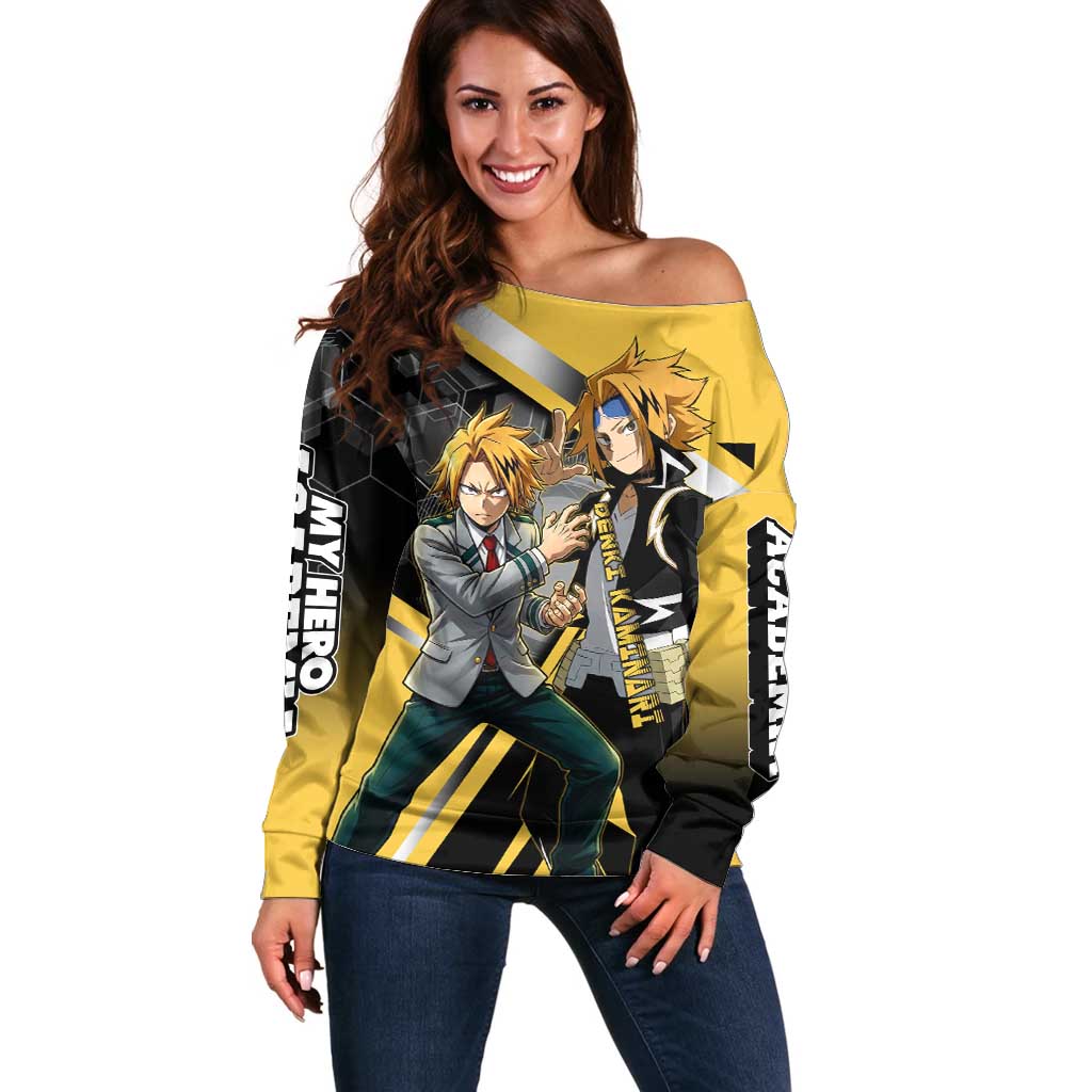 Denki Kaminari Off Shoulder Sweater Bold Anime Action Illustration with Electric Lightning Effects