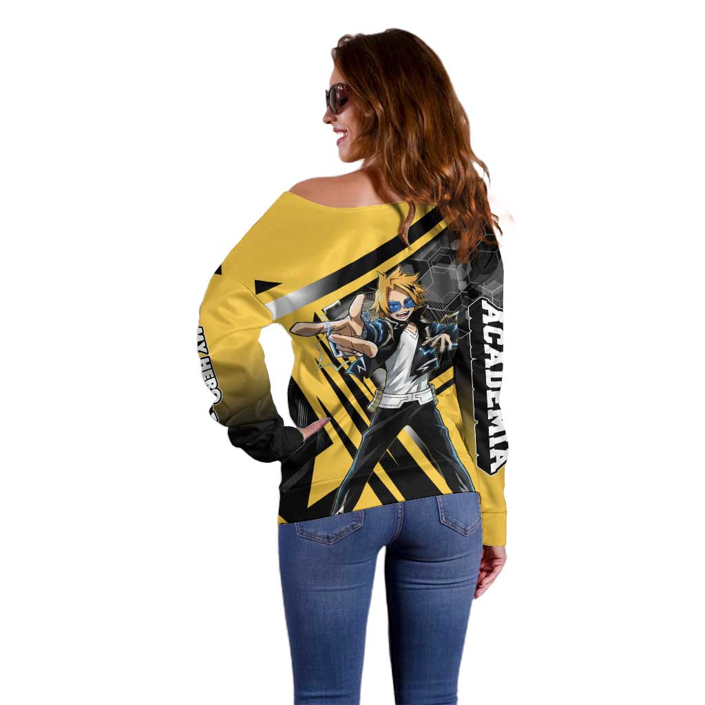 Denki Kaminari Off Shoulder Sweater Bold Anime Action Illustration with Electric Lightning Effects