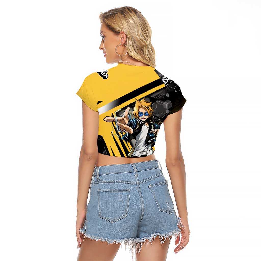 Denki Kaminari Raglan Cropped T Shirt Bold Anime Action Illustration with Electric Lightning Effects