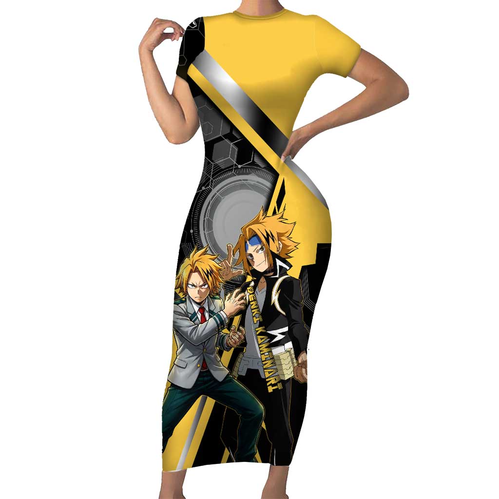 Denki Kaminari Short Sleeve Bodycon Dress Bold Anime Action Illustration with Electric Lightning Effects