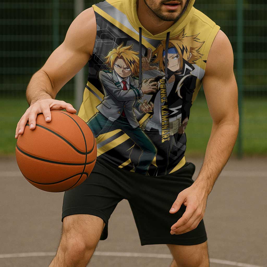 Denki Kaminari Sleeveless Hoodie Bold Anime Action Illustration with Electric Lightning Effects