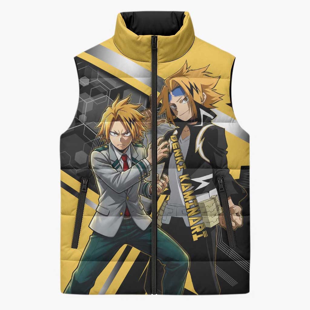 Denki Kaminari Sleeveless Puffer Jacket Bold Anime Action Illustration with Electric Lightning Effects
