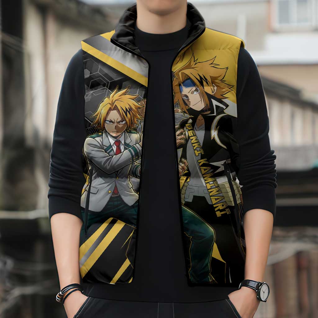Denki Kaminari Sleeveless Puffer Jacket Bold Anime Action Illustration with Electric Lightning Effects