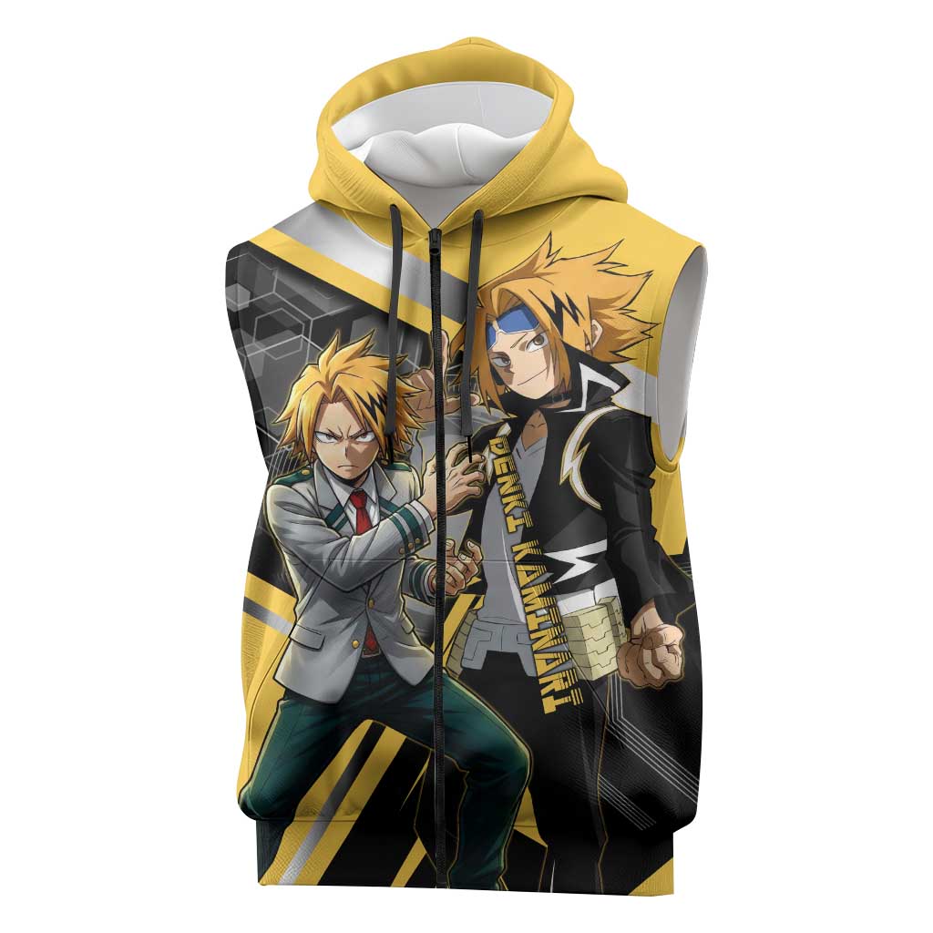 Denki Kaminari Sleeveless Zip Hoodie Bold Anime Action Illustration with Electric Lightning Effects