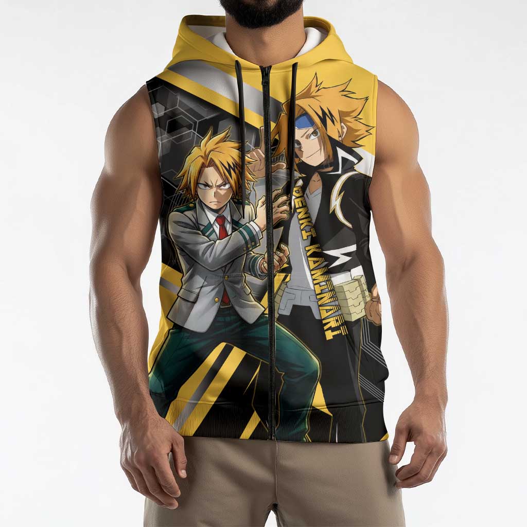 Denki Kaminari Sleeveless Zip Hoodie Bold Anime Action Illustration with Electric Lightning Effects