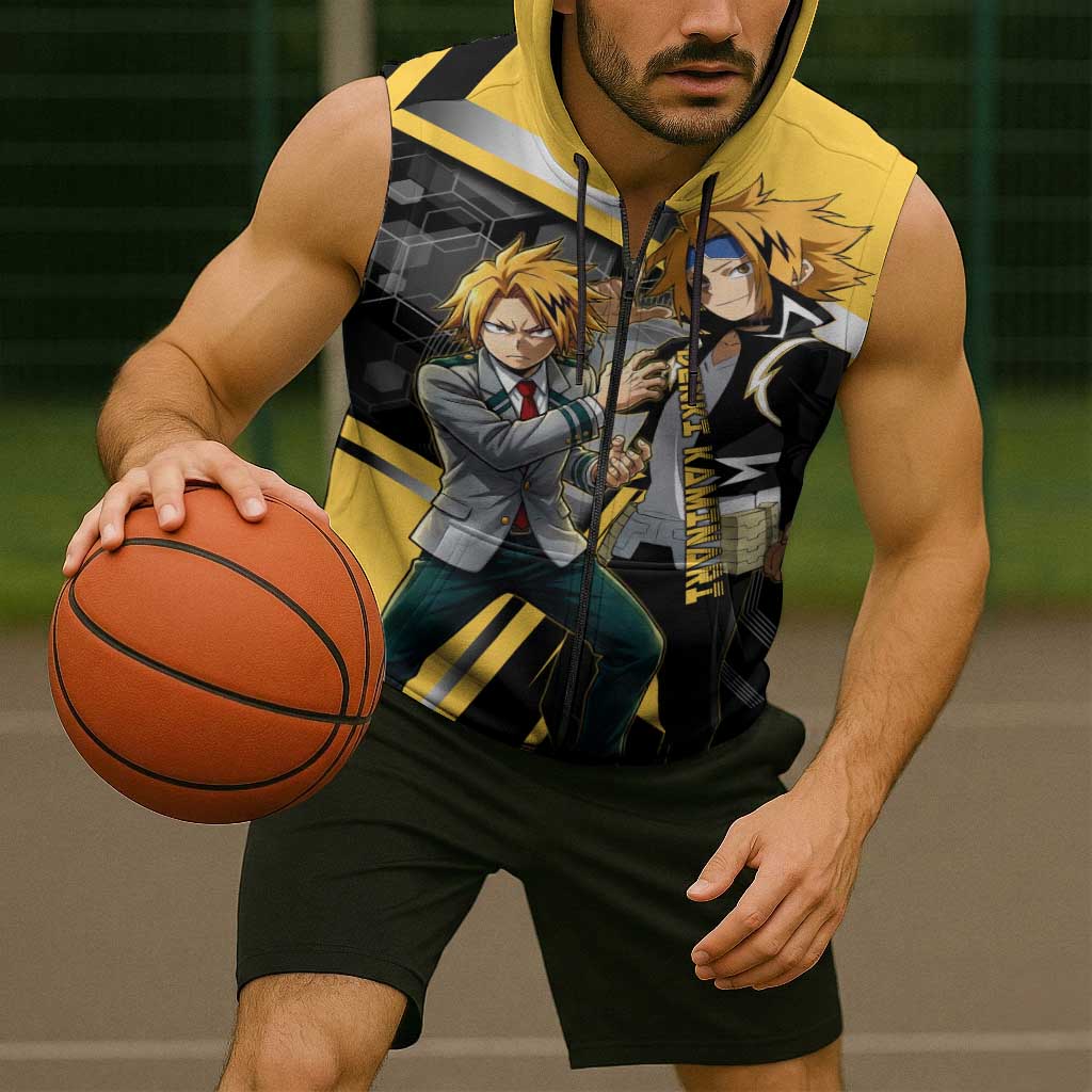 Denki Kaminari Sleeveless Zip Hoodie Bold Anime Action Illustration with Electric Lightning Effects