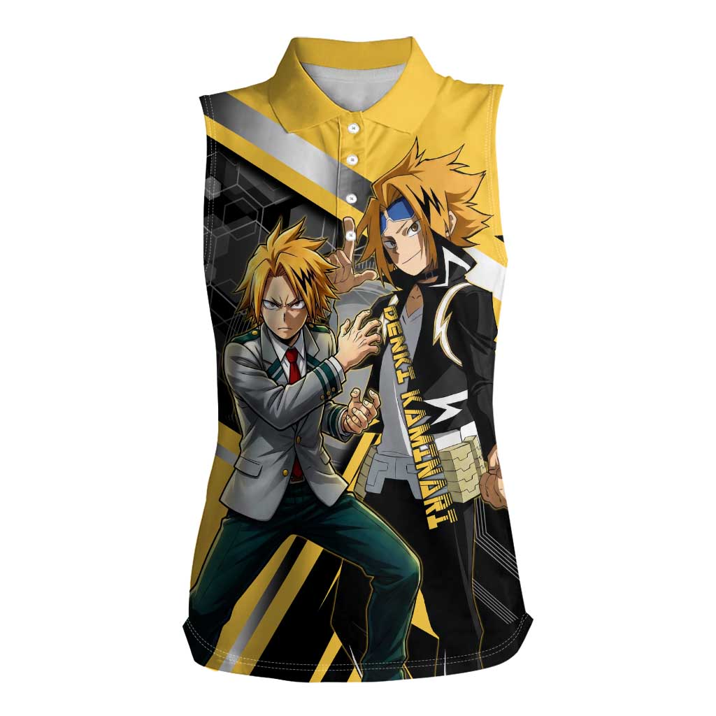 Denki Kaminari Women Sleeveless Polo Shirt Bold Anime Action Illustration with Electric Lightning Effects