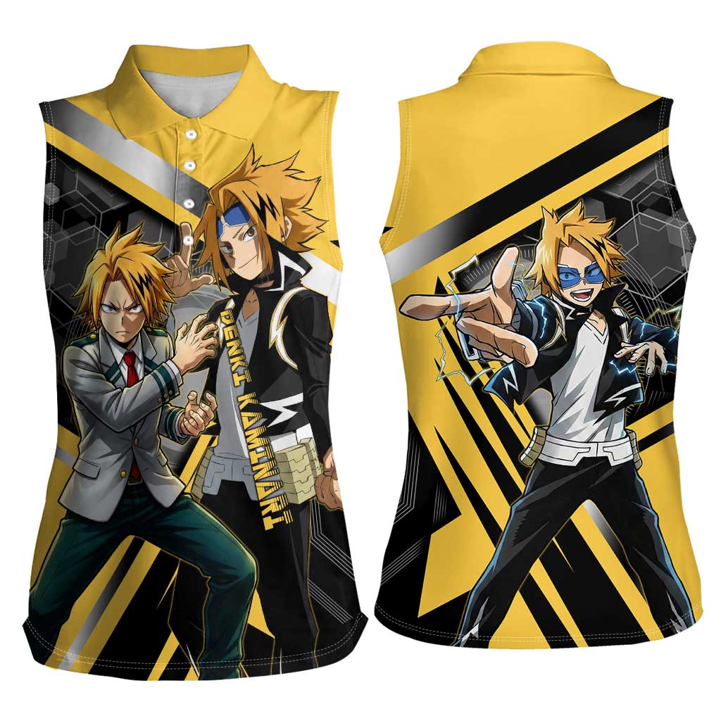 Denki Kaminari Women Sleeveless Polo Shirt Bold Anime Action Illustration with Electric Lightning Effects