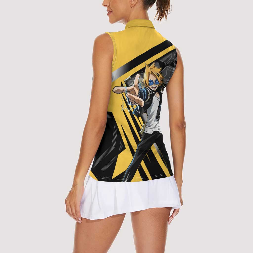 Denki Kaminari Women Sleeveless Polo Shirt Bold Anime Action Illustration with Electric Lightning Effects