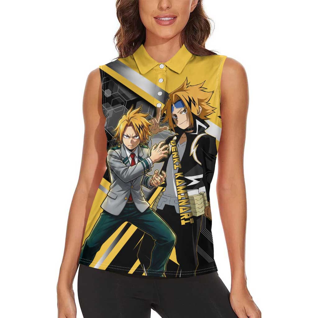 Denki Kaminari Women Sleeveless Polo Shirt Bold Anime Action Illustration with Electric Lightning Effects