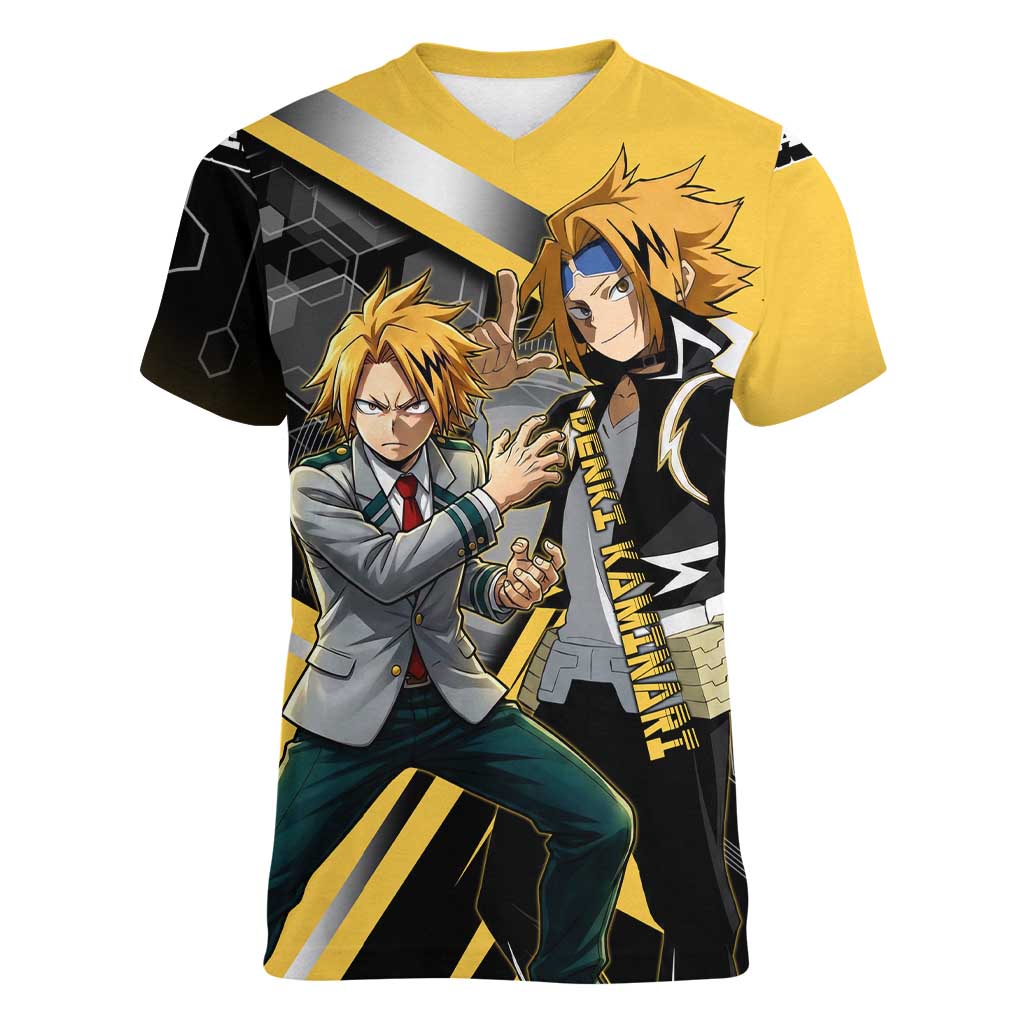 Denki Kaminari Women V-Neck T-Shirt Bold Anime Action Illustration with Electric Lightning Effects