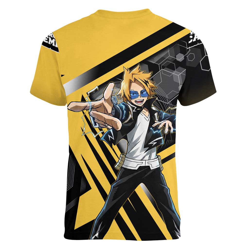 Denki Kaminari Women V-Neck T-Shirt Bold Anime Action Illustration with Electric Lightning Effects