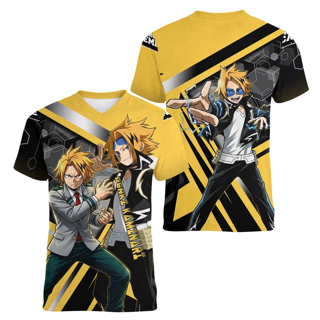 Denki Kaminari Women V-Neck T-Shirt Bold Anime Action Illustration with Electric Lightning Effects