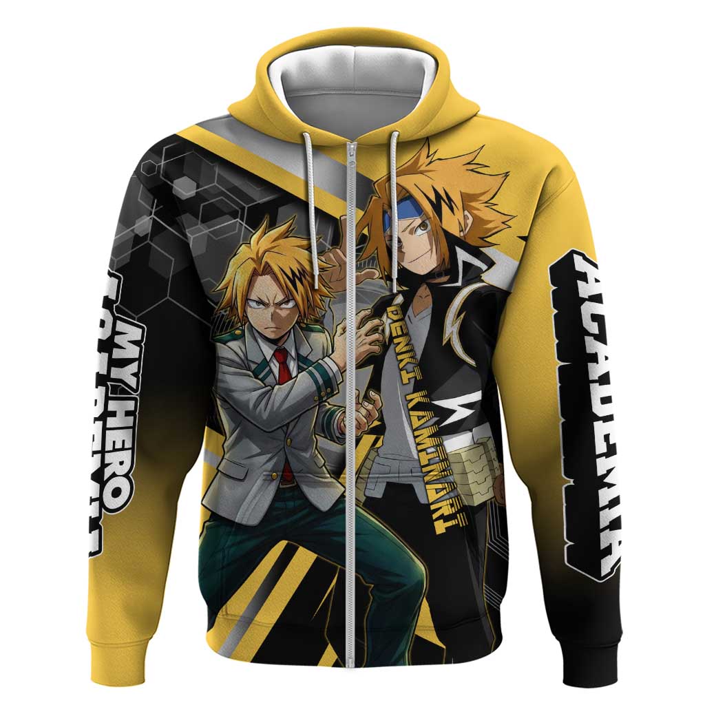 Denki Kaminari Zip Hoodie Bold Anime Action Illustration with Electric Lightning Effects