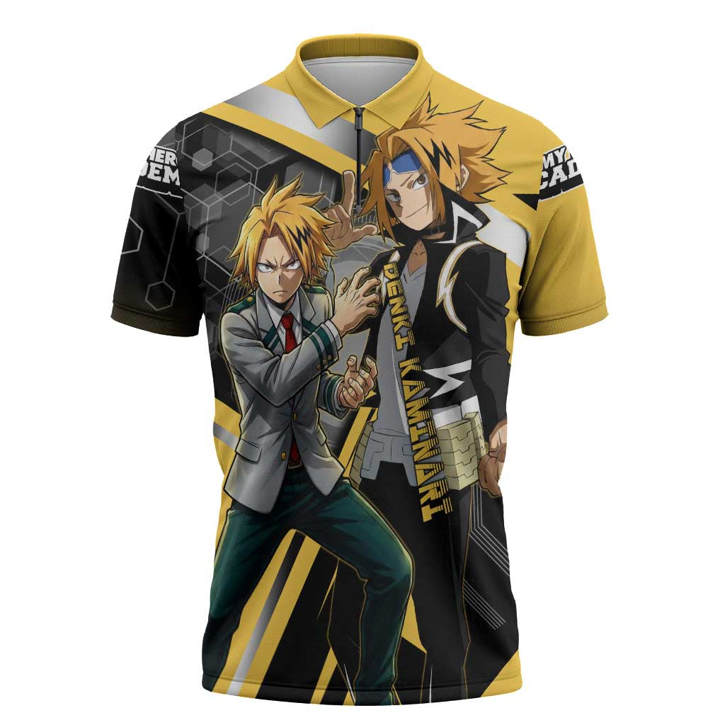 Denki Kaminari Zipper Polo Shirt Bold Anime Action Illustration with Electric Lightning Effects