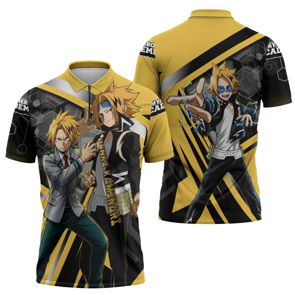 Denki Kaminari Zipper Polo Shirt Bold Anime Action Illustration with Electric Lightning Effects