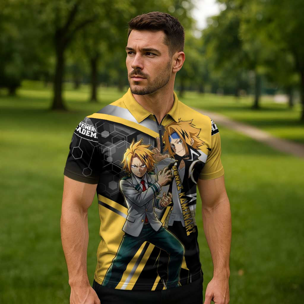Denki Kaminari Zipper Polo Shirt Bold Anime Action Illustration with Electric Lightning Effects