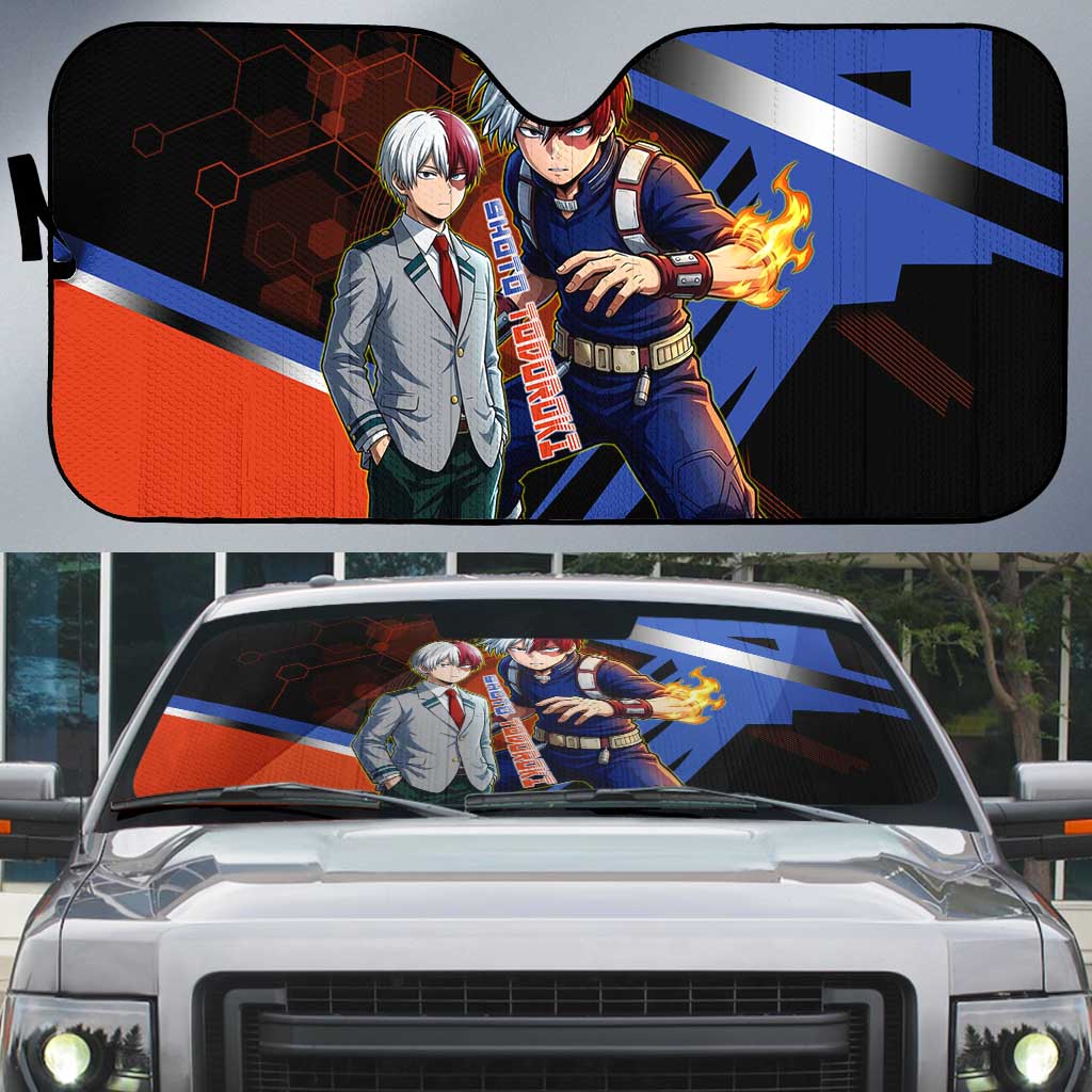 Shoto Todoroki Auto Sun Shade Split Fire and Ice Anime Illustration with Elemental Energy Effects