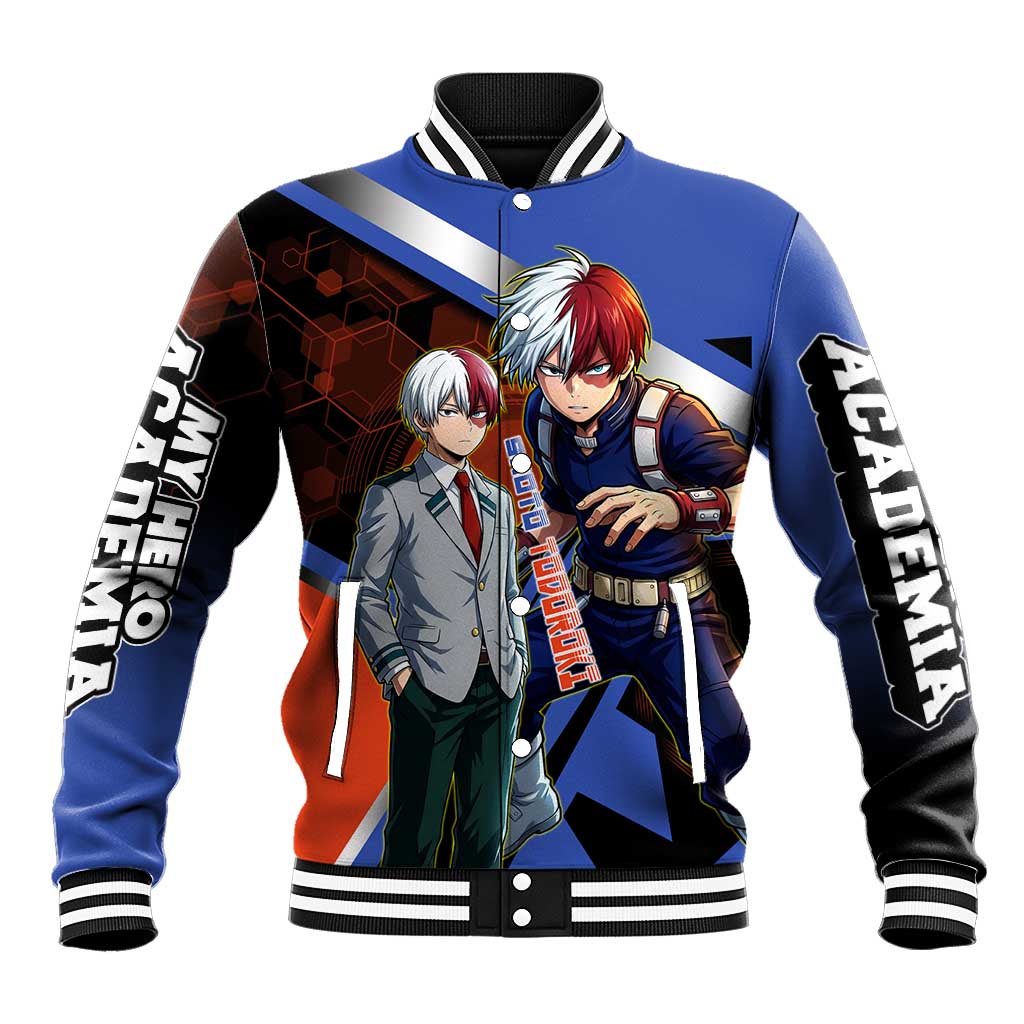 Shoto Todoroki Baseball Jacket Split Fire and Ice Anime Illustration with Elemental Energy Effects