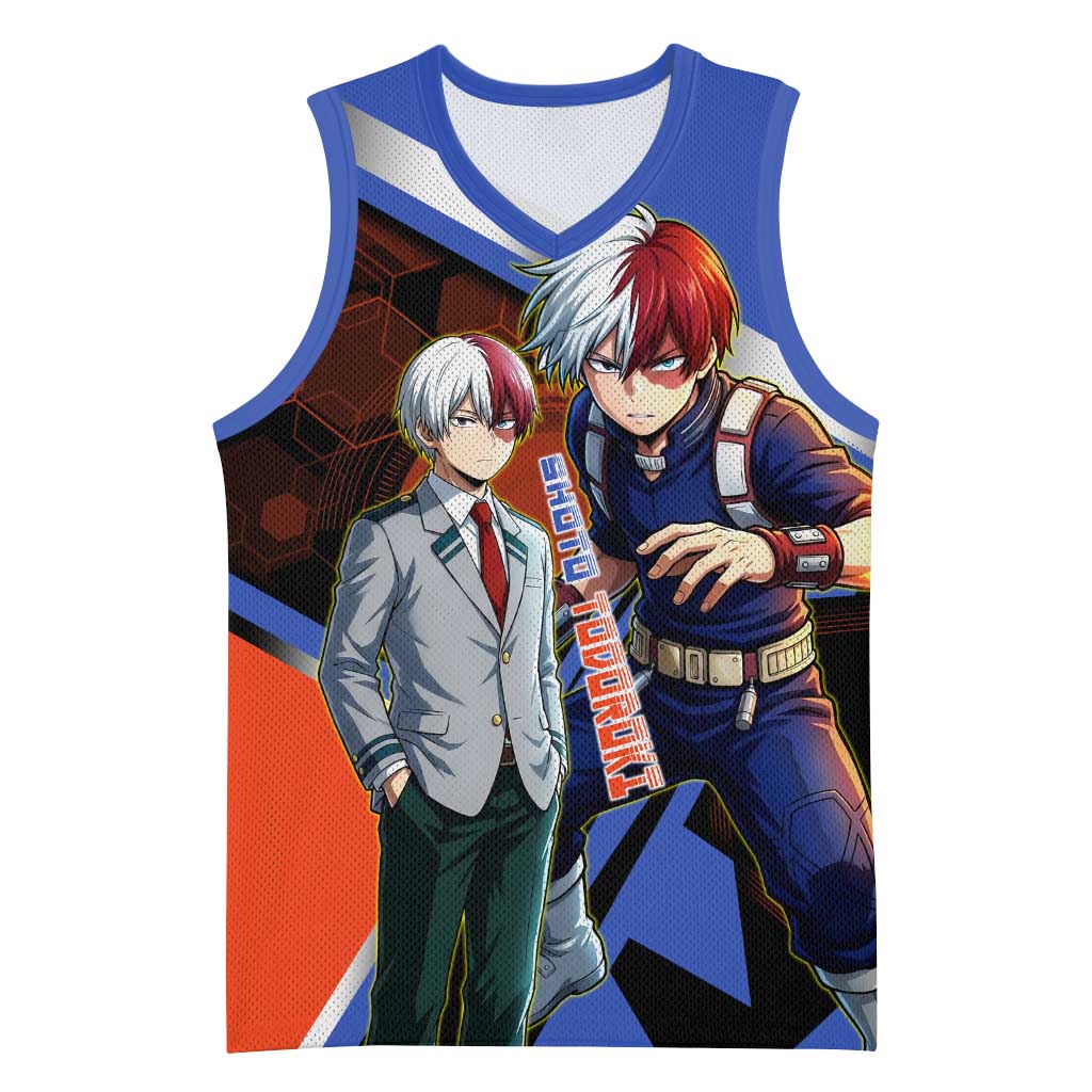 Shoto Todoroki Basketball Jersey Split Fire and Ice Anime Illustration with Elemental Energy Effects