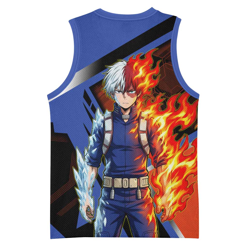 Shoto Todoroki Basketball Jersey Split Fire and Ice Anime Illustration with Elemental Energy Effects