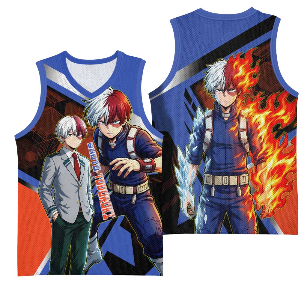 Shoto Todoroki Basketball Jersey Split Fire and Ice Anime Illustration with Elemental Energy Effects