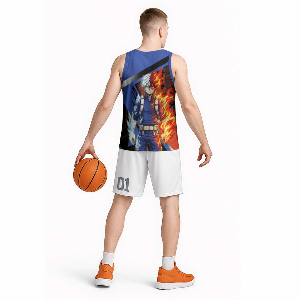 Shoto Todoroki Basketball Jersey Split Fire and Ice Anime Illustration with Elemental Energy Effects
