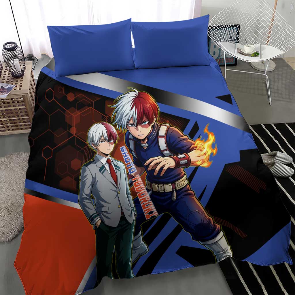 Shoto Todoroki Bedding Set Split Fire and Ice Anime Illustration with Elemental Energy Effects