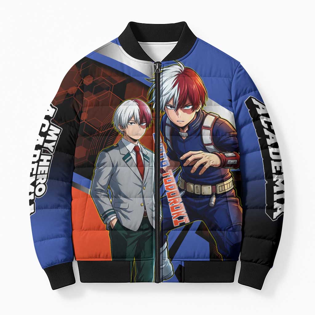Shoto Todoroki Bomber Puffer Jacket Split Fire and Ice Anime Illustration with Elemental Energy Effects