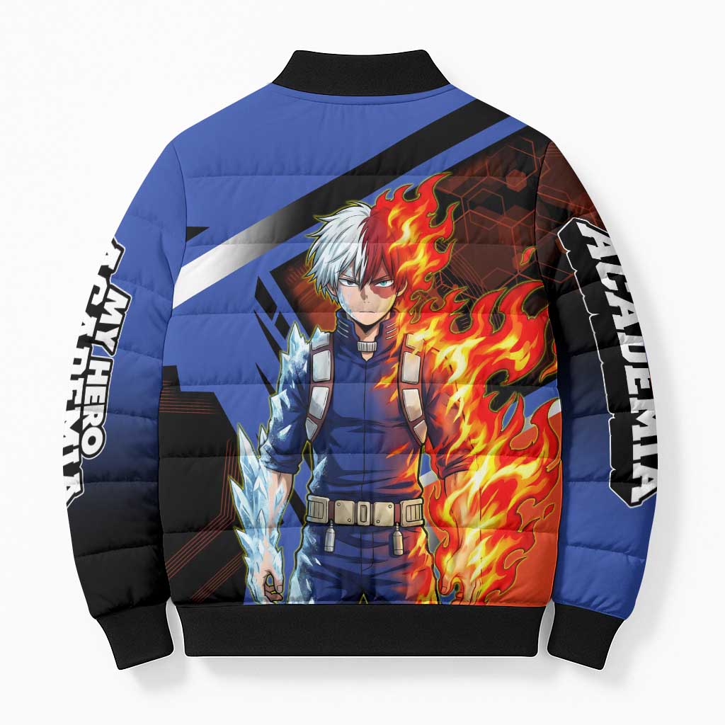 Shoto Todoroki Bomber Puffer Jacket Split Fire and Ice Anime Illustration with Elemental Energy Effects