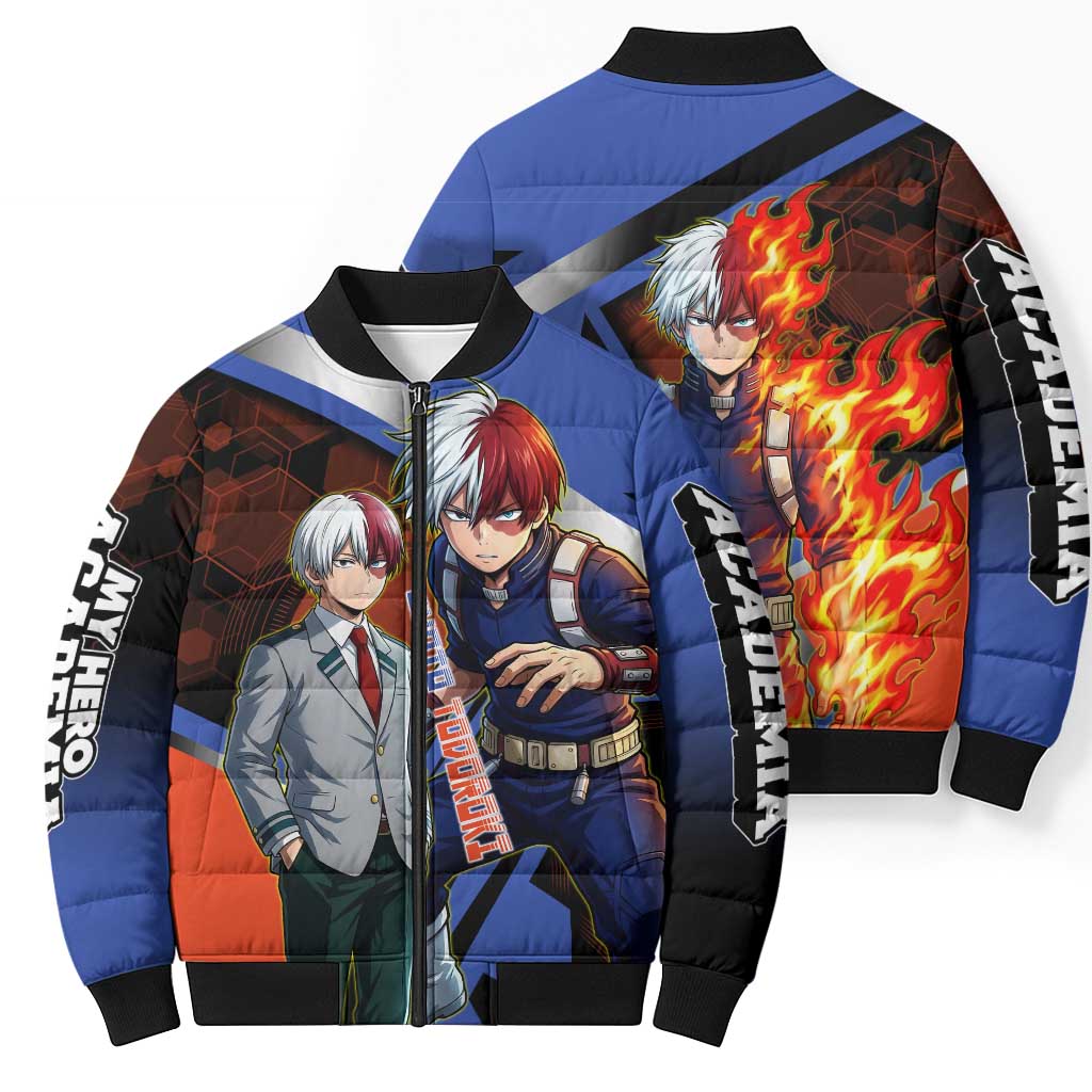 Shoto Todoroki Bomber Puffer Jacket Split Fire and Ice Anime Illustration with Elemental Energy Effects