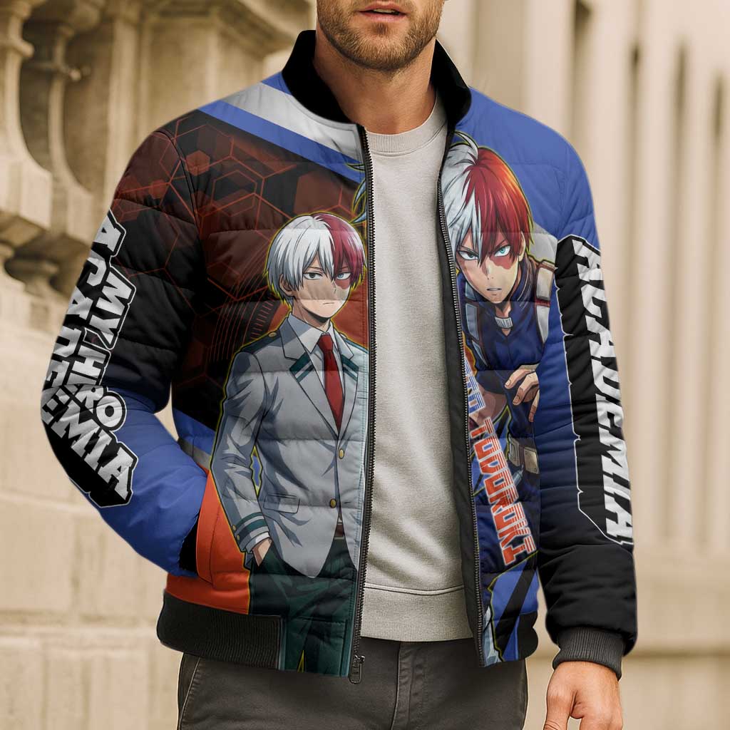 Shoto Todoroki Bomber Puffer Jacket Split Fire and Ice Anime Illustration with Elemental Energy Effects