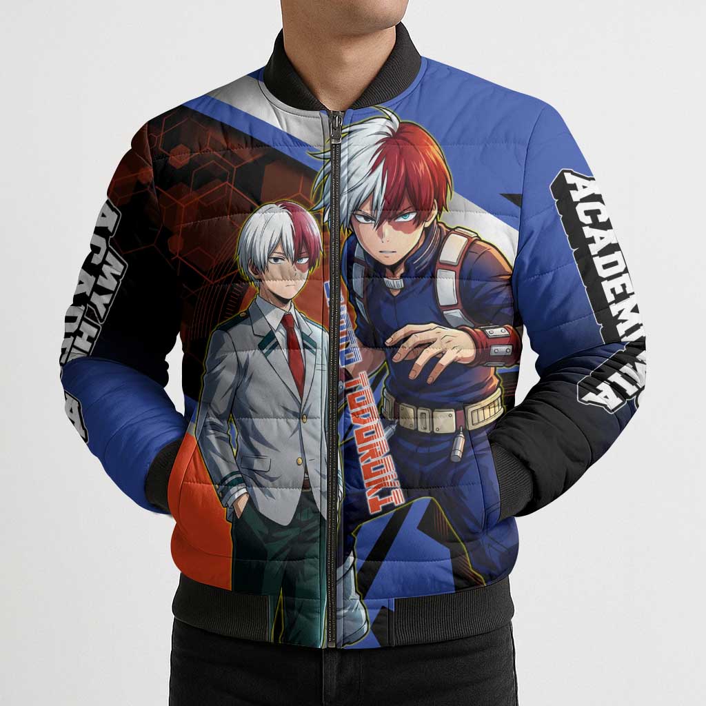 Shoto Todoroki Bomber Puffer Jacket Split Fire and Ice Anime Illustration with Elemental Energy Effects