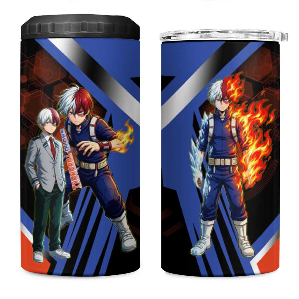 Shoto Todoroki 4 in 1 Can Cooler Tumbler Split Fire and Ice Anime Illustration with Elemental Energy Effects