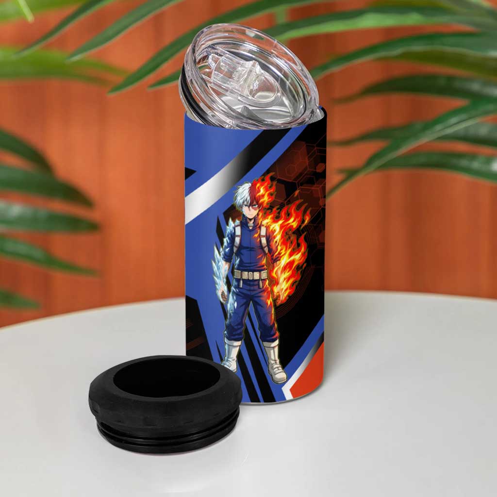 Shoto Todoroki 4 in 1 Can Cooler Tumbler Split Fire and Ice Anime Illustration with Elemental Energy Effects