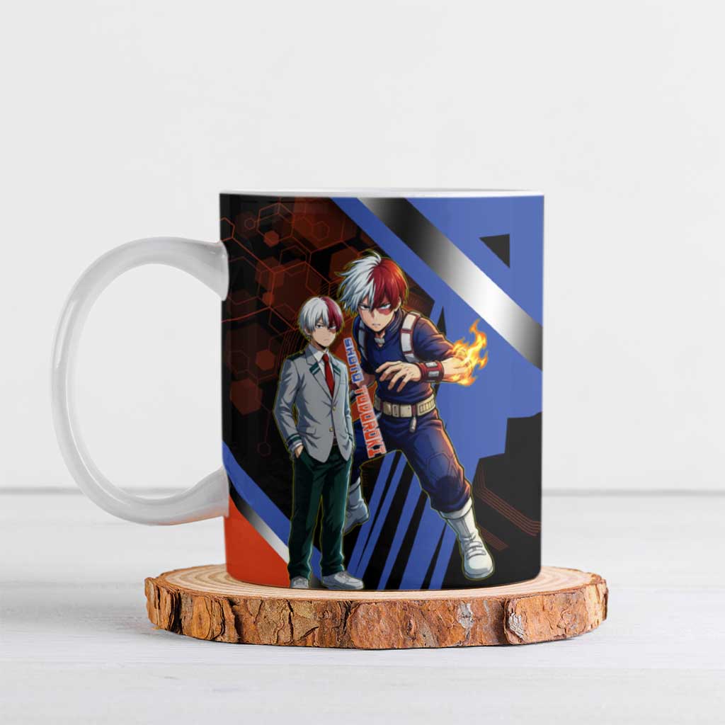 Shoto Todoroki Ceramic Mug Split Fire and Ice Anime Illustration with Elemental Energy Effects