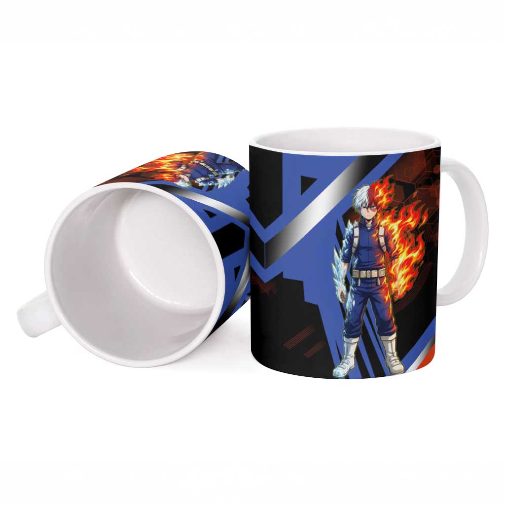Shoto Todoroki Ceramic Mug Split Fire and Ice Anime Illustration with Elemental Energy Effects