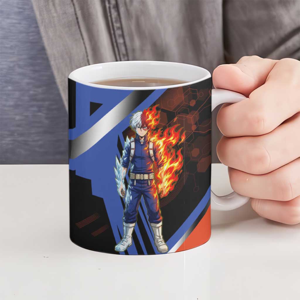 Shoto Todoroki Ceramic Mug Split Fire and Ice Anime Illustration with Elemental Energy Effects