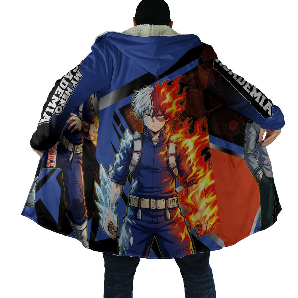 Shoto Todoroki Cloak Split Fire and Ice Anime Illustration with Elemental Energy Effects